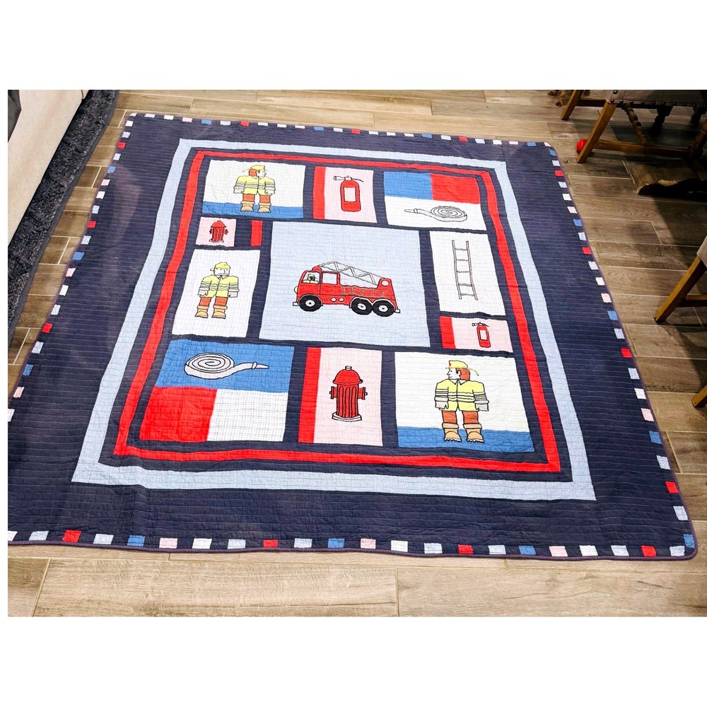 Firefighter Fire Truck Quilt 80" Navy Red Fireman Hydrant Hose Kids Bedding